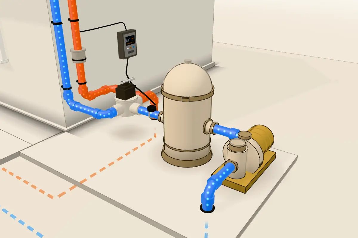 The pool pump and filter beside the house, with a pipe running up the wall to the roof