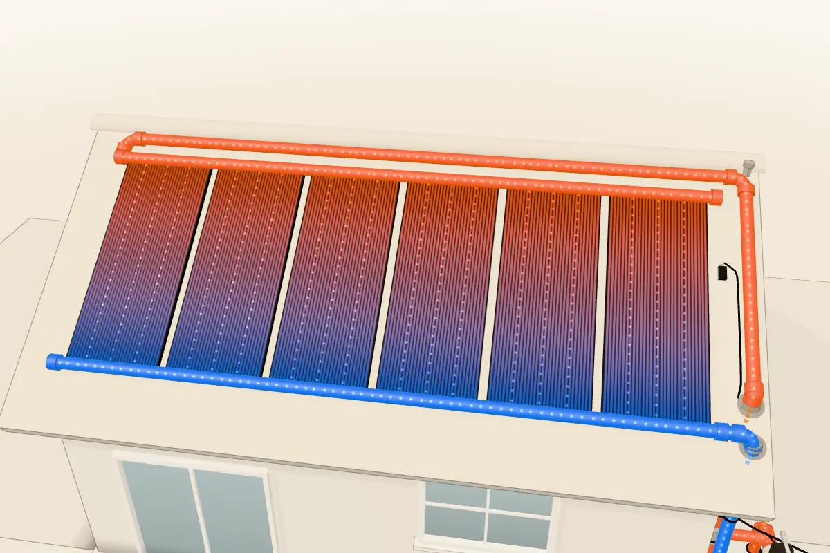 Black solar pool heating panels on a tile roof, warming as water flows across them