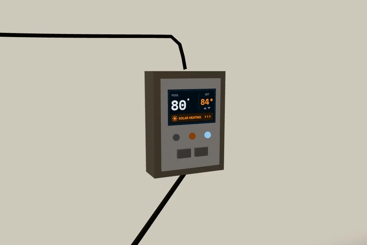 Close up of the solar controller on the wall, its screen reading the pool temperature, the temperature set for it, and solar heating on